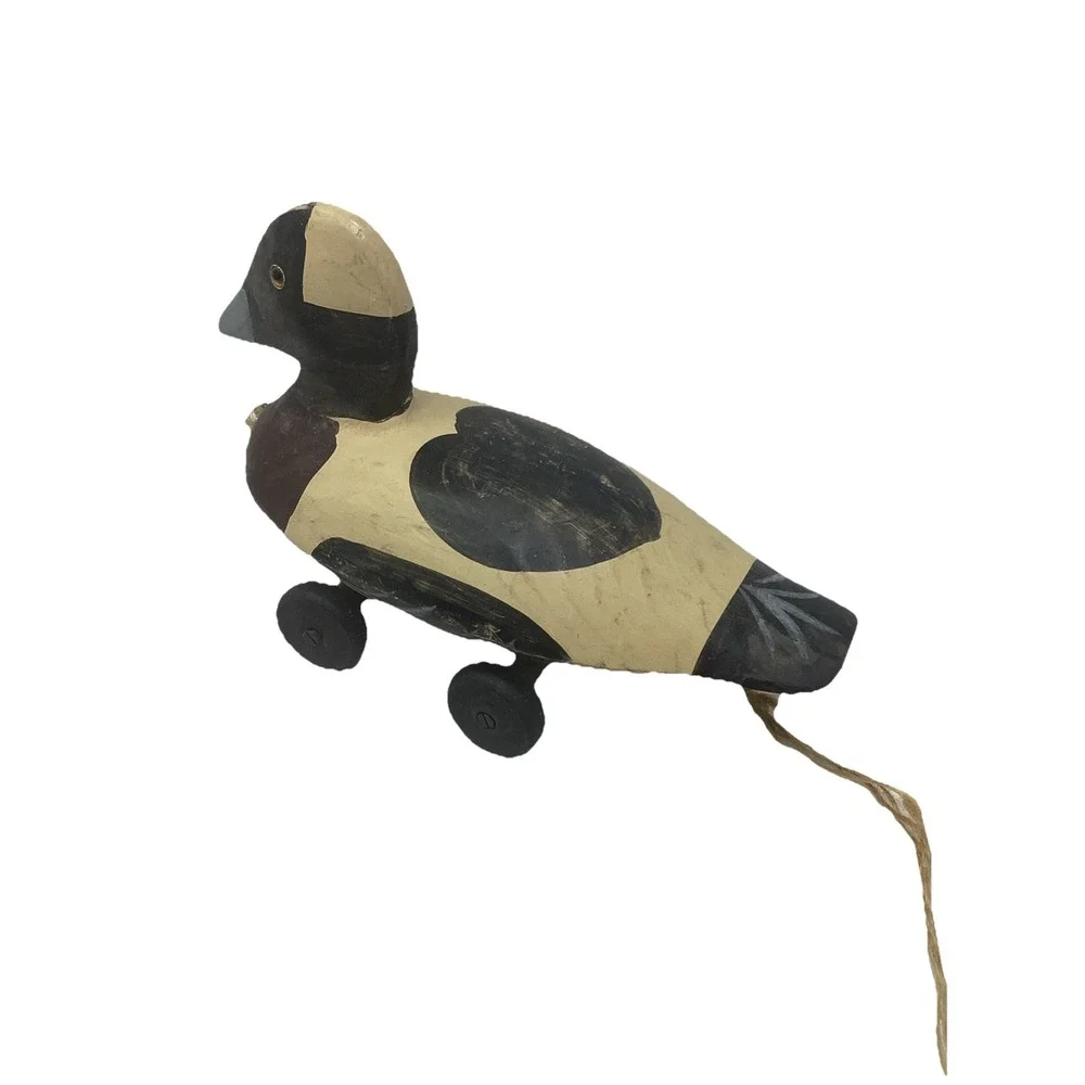 Vintage Pull Toy Rolling Wood Hand Painted Duck Primitive Folk Art Farmhouse